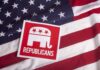 Republican logo on American flag background.