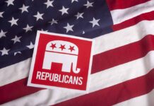 Republican logo on American flag background.