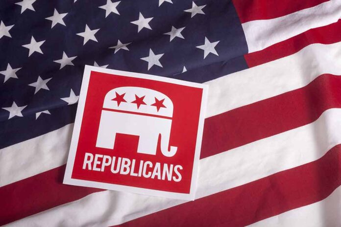 Republican logo on American flag background.