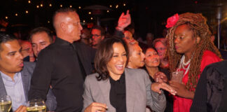 Kamala Harris smiling in a crowd at an event.