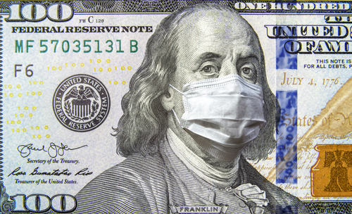 Benjamin Franklin on $100 bill wearing a surgical mask.