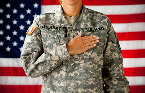 Soldier saluting in front of an American flag.