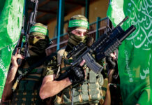 Two armed masked soldiers with green flags.