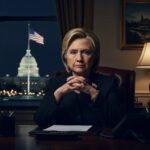 Hillary EXPLODES: Congress Must SILENCE Trump Now… Hillary Clinton seated at a desk with a serious expression, Washington D.C. in the background