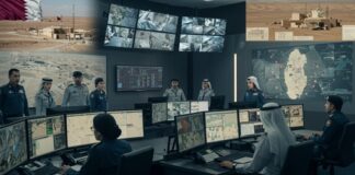 Military personnel in a command center with multiple screens displaying maps and surveillance footage