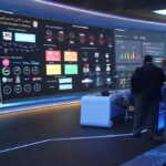 Cybersecurity command center with large digital display screens.