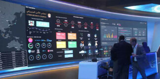 Cybersecurity command center with large digital display screens.