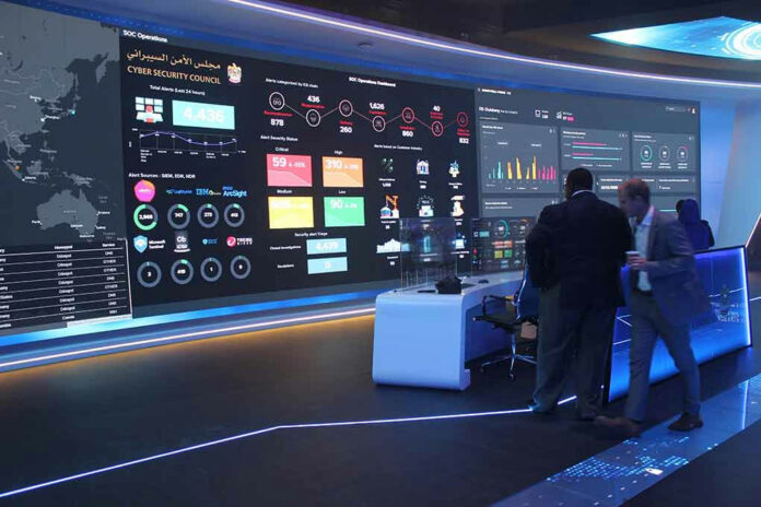 Cybersecurity command center with large digital display screens.