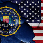 FBI seal overlapping American flag patches.