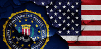 FBI seal overlapping American flag patches.