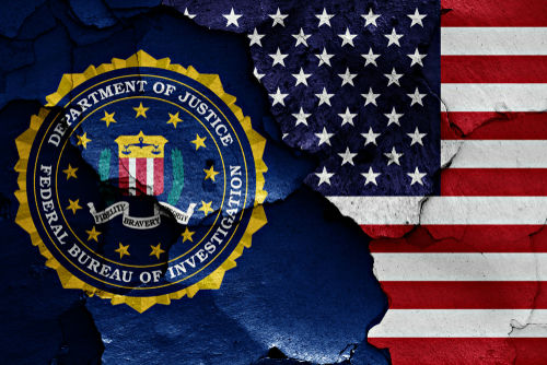 FBI seal overlapping American flag patches.