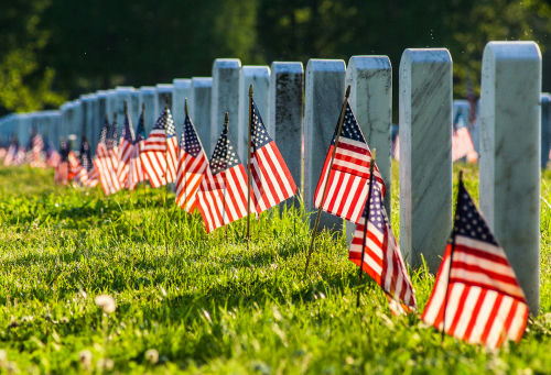 shutterstock1078530836jpg Rows of white headstones with small American flags in a sunlit cemetery