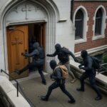 Masked individuals attempting to break into a church