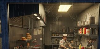 A fast food worker in a messy kitchen preparing burgers