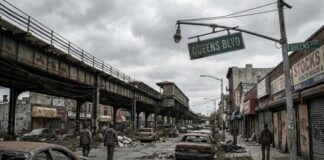 Desolate street scene on Queens Boulevard with abandoned cars and buildings