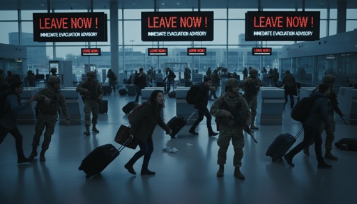 Travelers,Scrambling,At,Airport,With,Military,Guards,Digital,Signs,Advise Crowd of people in an airport responding to evacuation alerts with military personnel present
