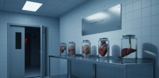 Laboratory with jars containing anatomical specimens on a metal table