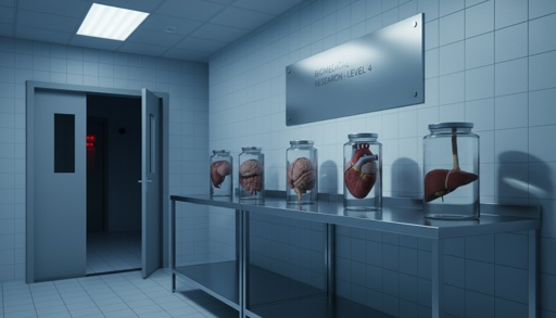 Organs,In,Test,Jars,Clean,But,Ominous,In,A,Hospital Laboratory with jars containing anatomical specimens on a metal table