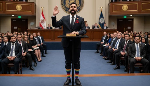 shutterstock_2723315865.jpg A man in a suit taking an oath with a rainbow sock visible