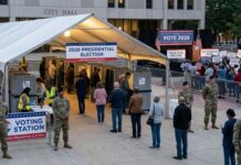 Texas GOP’s Phantom Menace? People at a voting station for the 2028 presidential election outside city hall