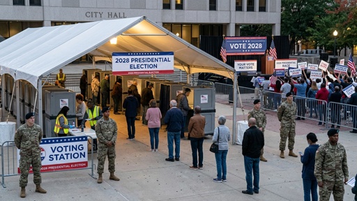 People at a voting station for the 2028 presidential election outside city hall