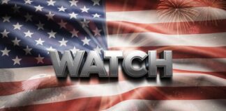 Text 'WATCH' overlaid on an American flag with fireworks in the background