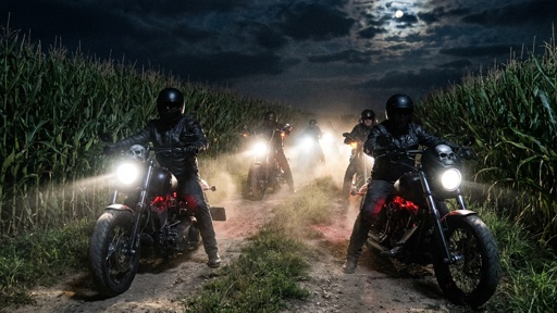 Motorcycle riders in a cornfield at night with headlights on
