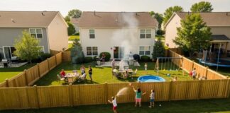 A lively backyard scene with families enjoying a summer party