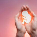 Hands holding a paper-cut fetus silhouette.