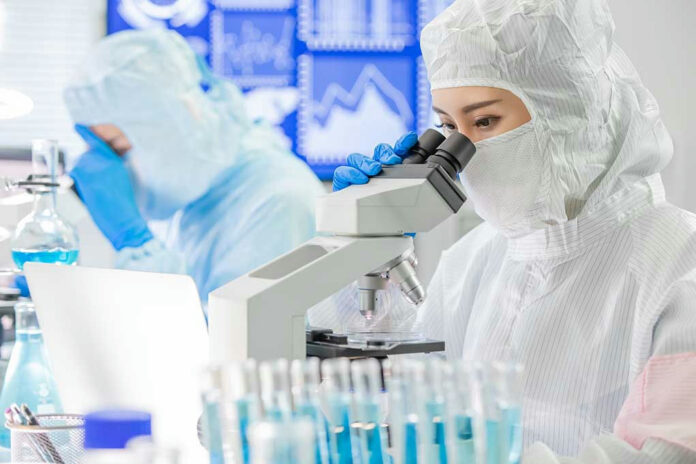 1545991736 Scientists examining samples under microscopes in a laboratory.
