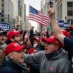 Crowd of people wearing MAGA hats at a political rally