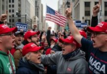 Crowd of people wearing MAGA hats at a political rally