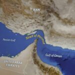 Map highlighting the Strait of Hormuz between Iran and the Arabian Peninsula