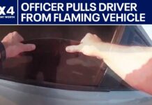Flames Explode: Split-Second Police Rescue Texas police officer pulls driver from flaming vehicle
