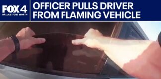 Texas police officer pulls driver from flaming vehicle