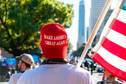 Person wearing a red Make America Great Again hat holding an American flag at a rally