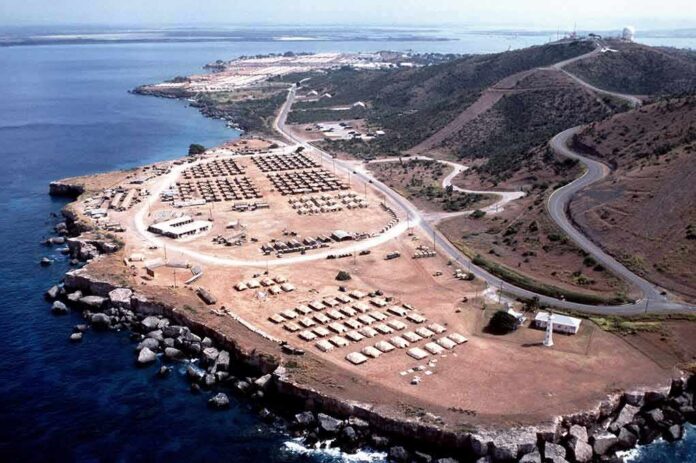 Coastal tent camp on a rocky peninsula