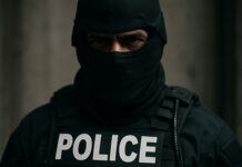 Trump Revives Controversial Roadside Dragnets A police officer in tactical gear with a mask and badge