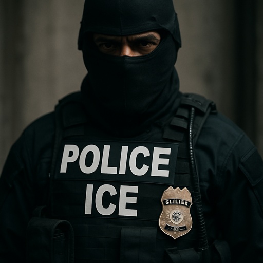 Masked,And,Menacing,Looking,United,States,Ice,Agent A police officer in tactical gear with a mask and badge