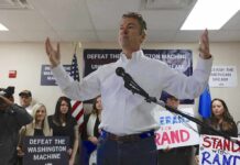 Rand Paul Slams Hidden War Machine Shift man in white shirt speaking at a rally with supporters and signs behind him