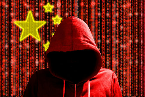 shutterstock_596787797 A hooded figure in a red hoodie against a backdrop of binary code and stars representing China