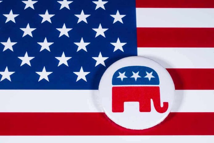 shutterstock_786450127 American flag with GOP elephant button